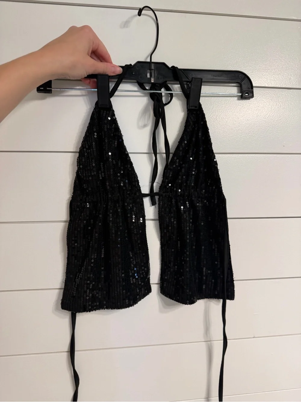 Edikted Black Sequin Halter Crop Top with Pink Logo Patch - Picture 4 of 5